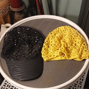 Lot 2 Black Sequin Cap and Yellow Crochet Beanie